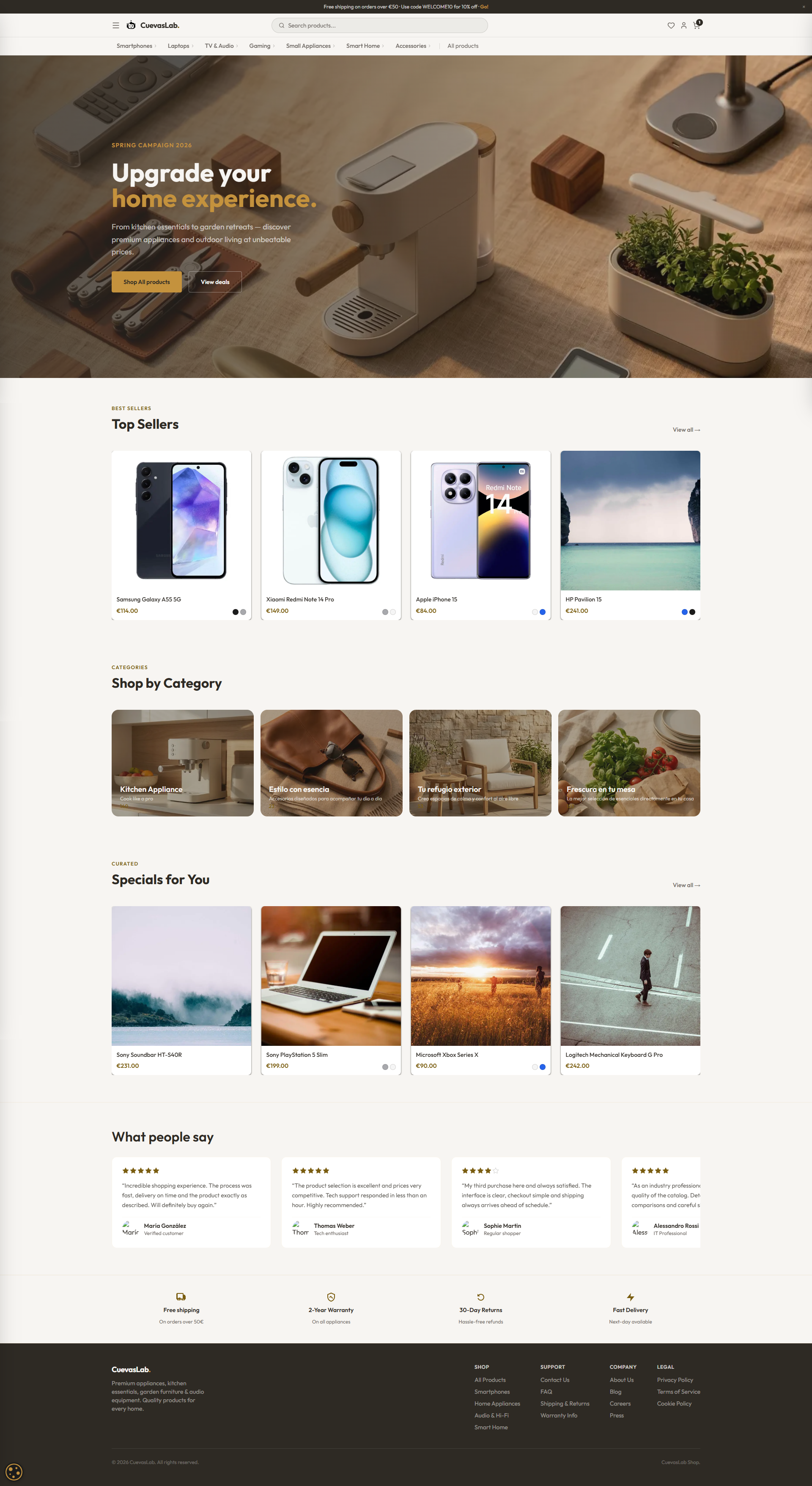 Storefront home page — hero, collections, featured products