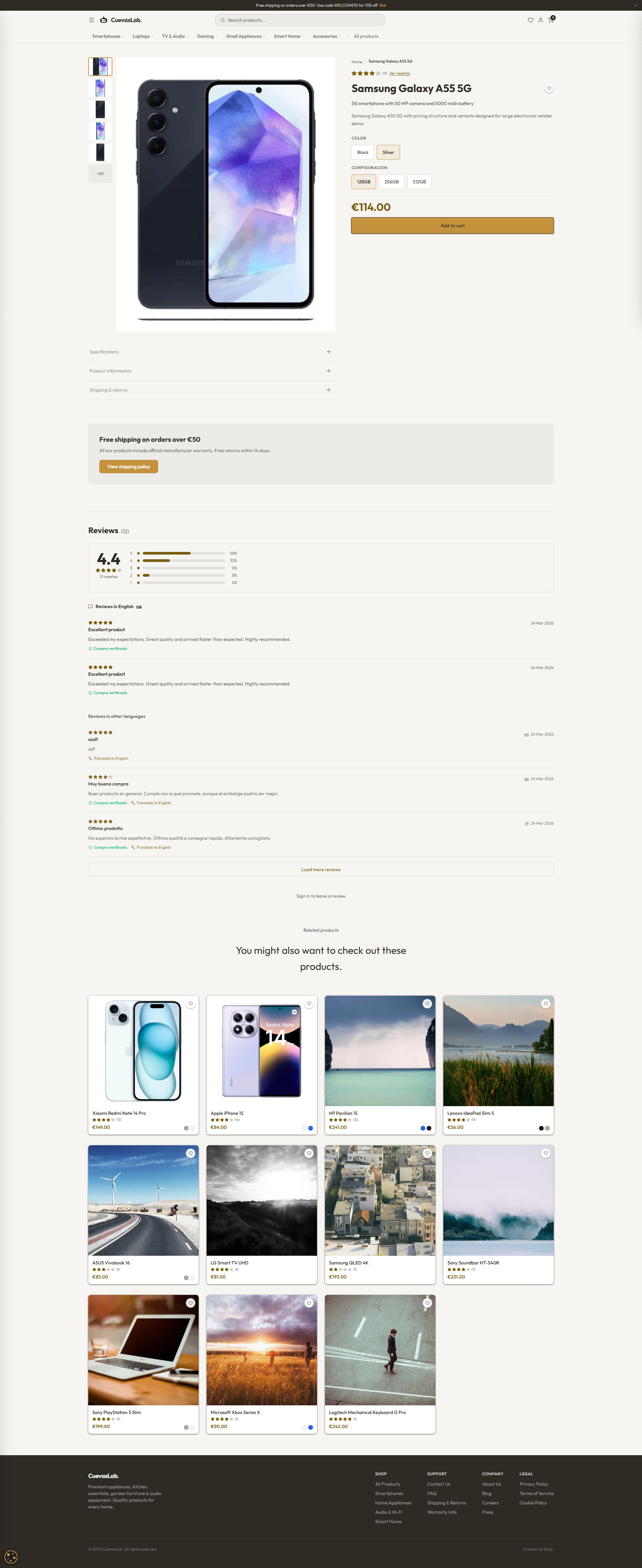 Product detail page — images, variants, reviews, related products