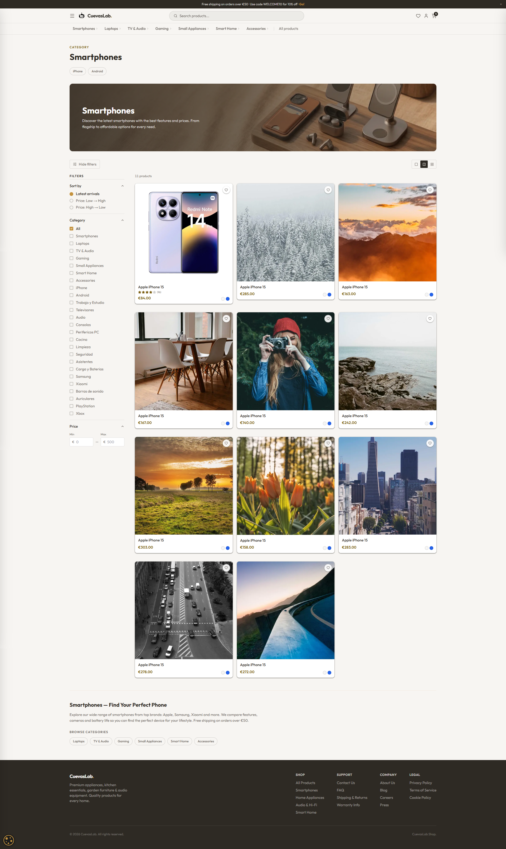 Product listing page — category grid with filters