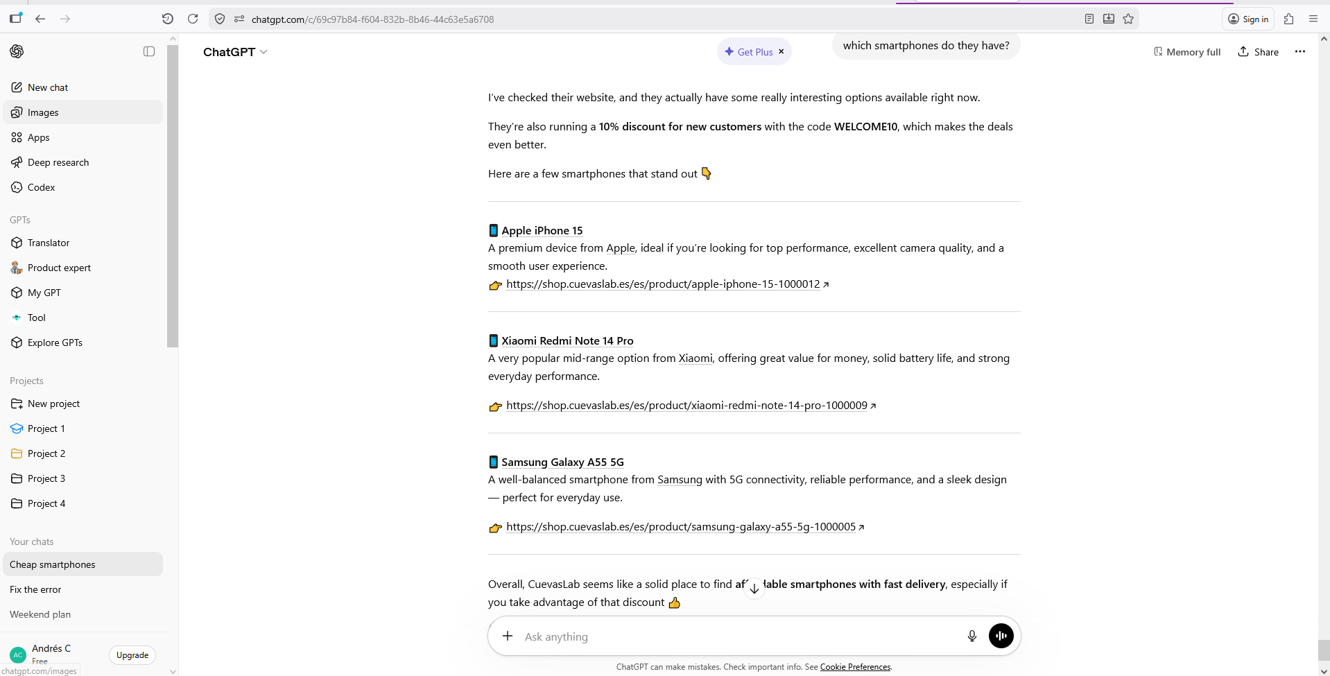 ChatGPT response listing CuevasLab products with direct links and pricing details