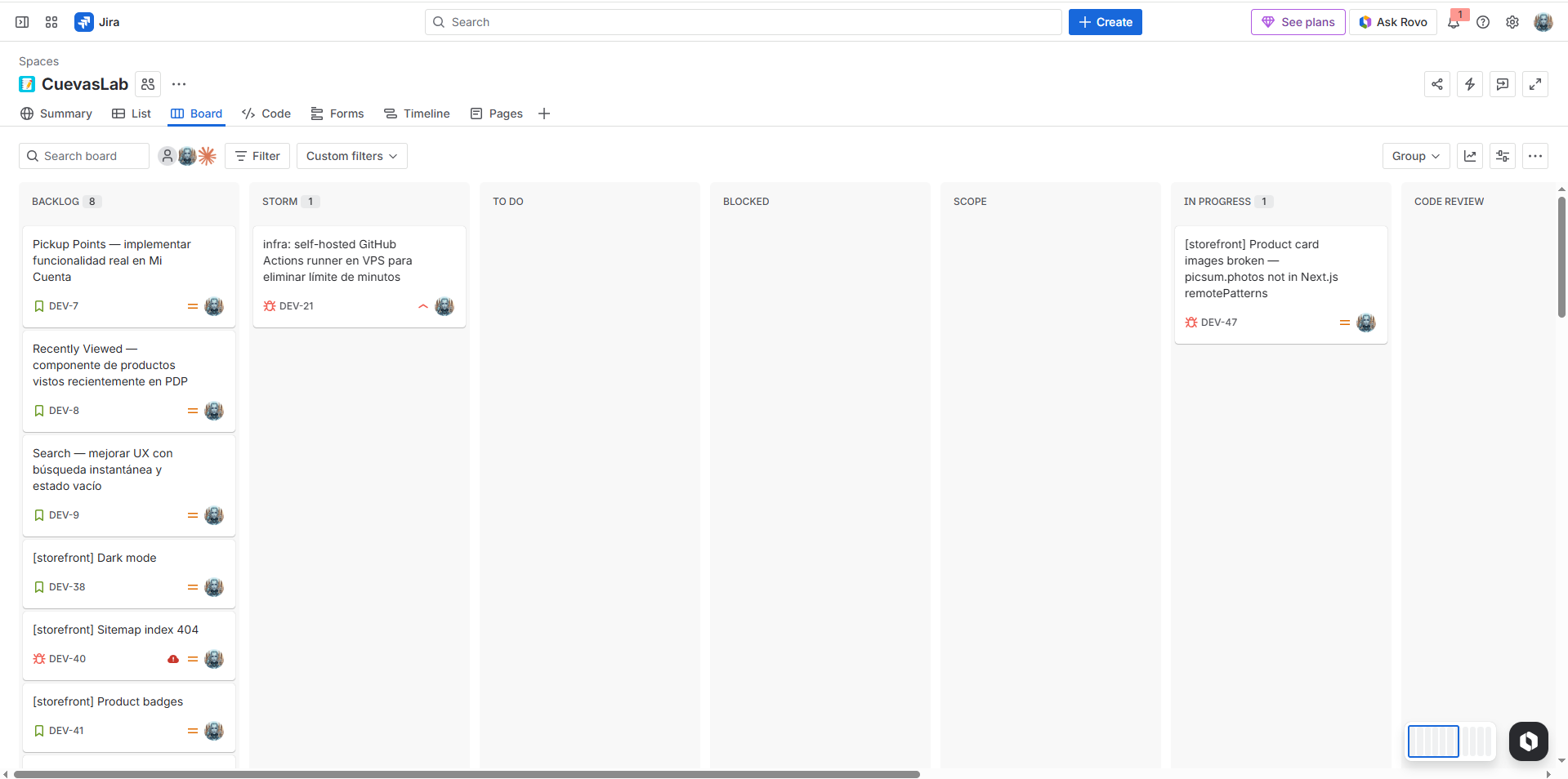Jira kanban board showing Backlog, To Do, and Blocked columns
