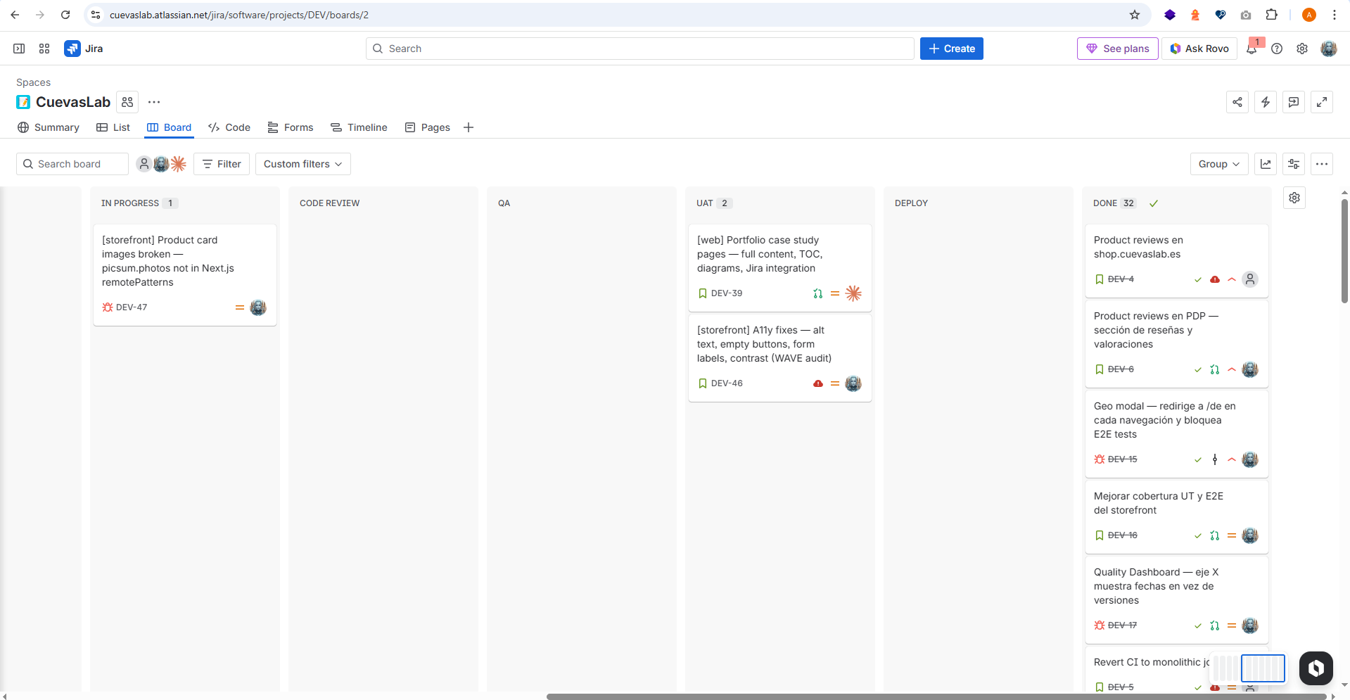 Jira kanban board showing In Progress, Deploy, and Done columns