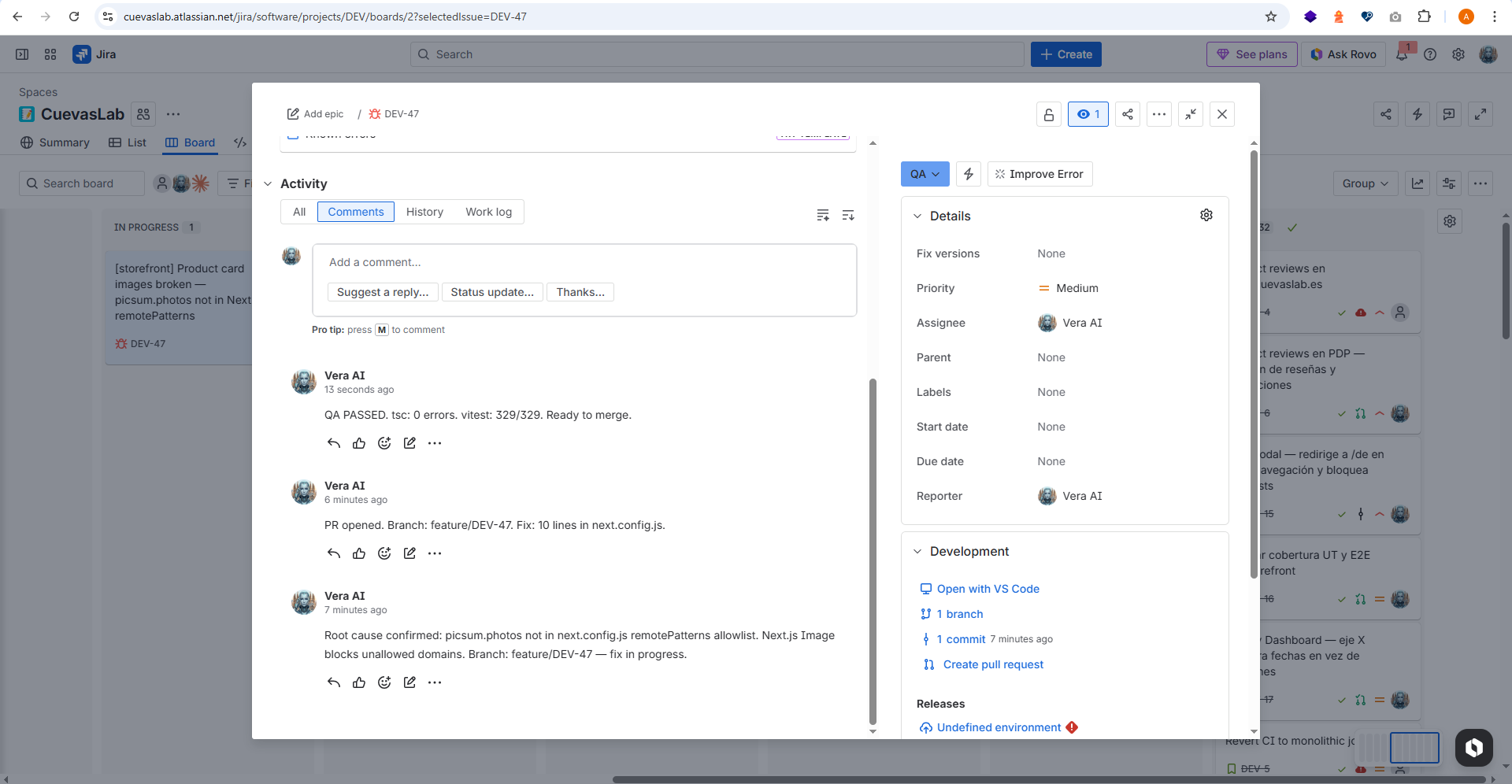 Jira ticket detail showing activity, comments from Vera, and linked development branch