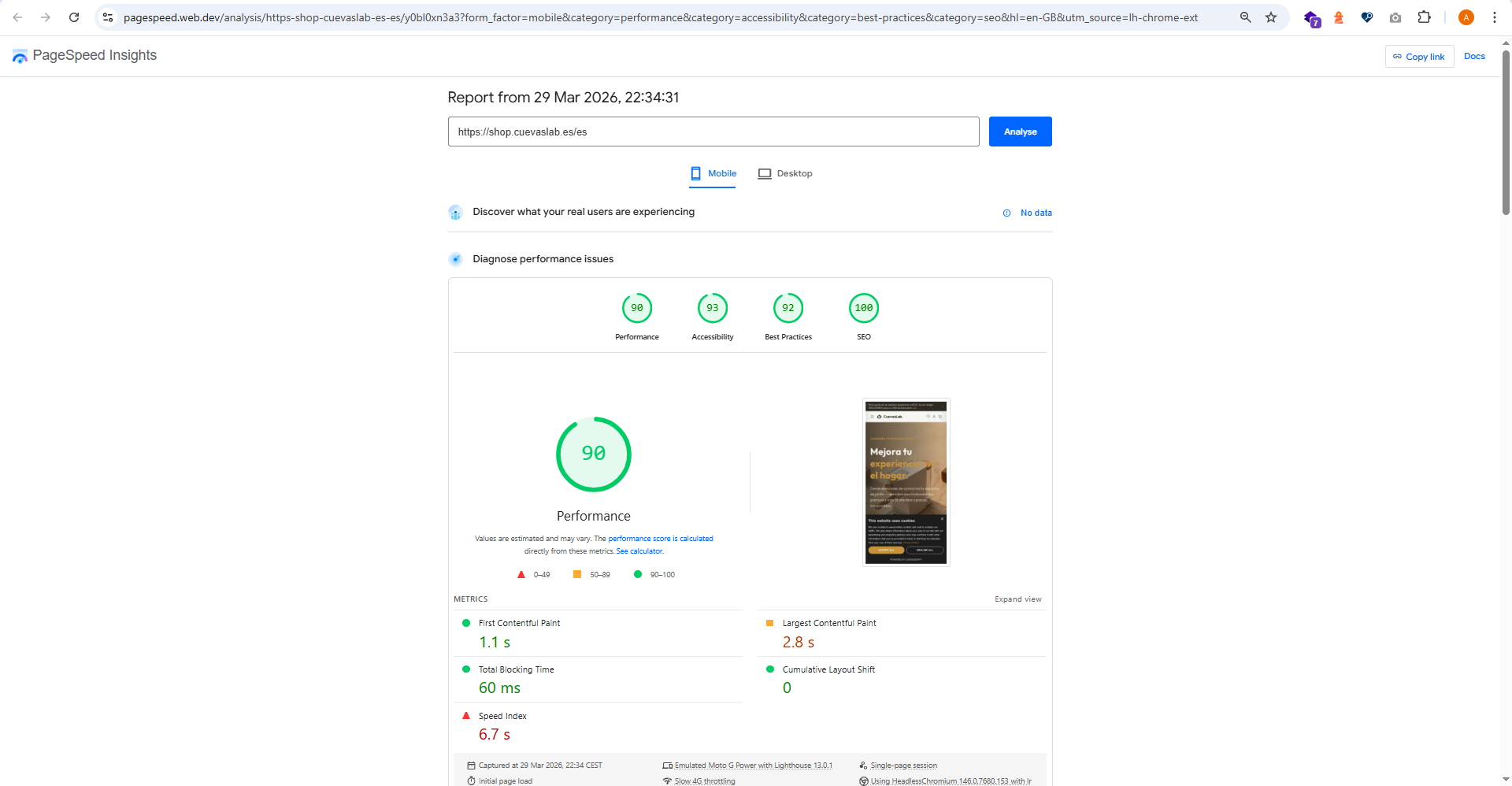 PageSpeed Insights mobile capture for storefront homepage with scores 90 Performance, 93 Accessibility, 92 Best Practices and 100 SEO.