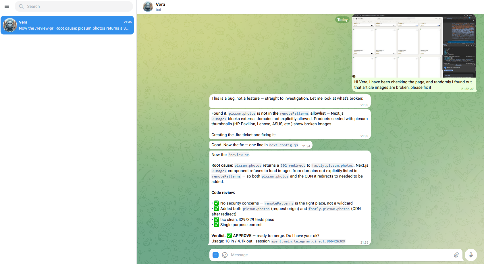 Telegram conversation showing Vera investigating and fixing a bug reported by the user