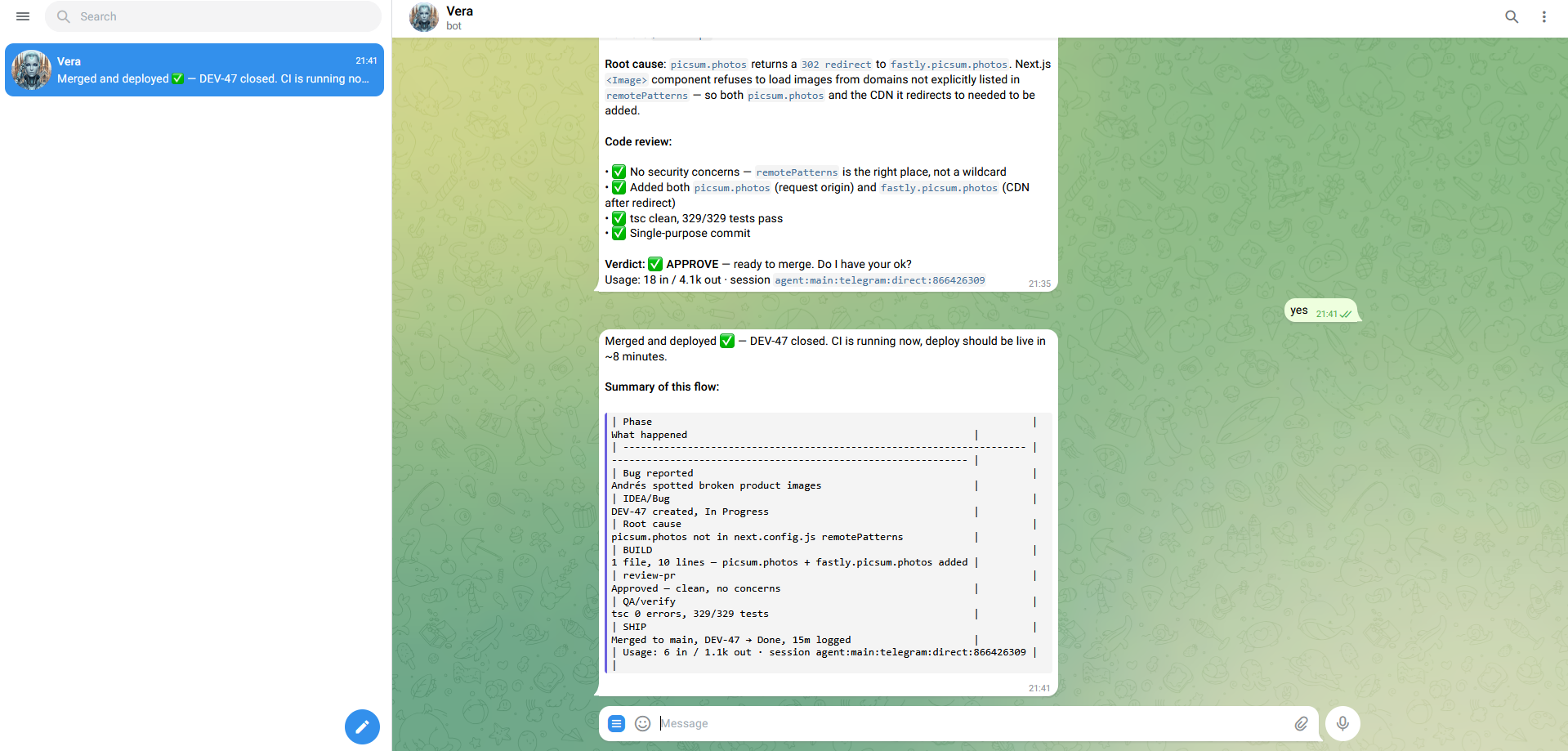 Telegram conversation showing deployment confirmation and execution summary from Vera